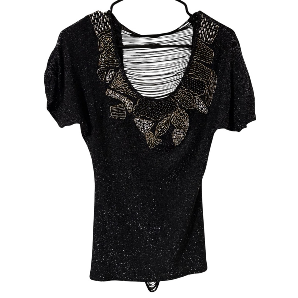 Beaded Neckline Short Sleeve BKE Black Ripped Back Night Out Top Woman’s Size S